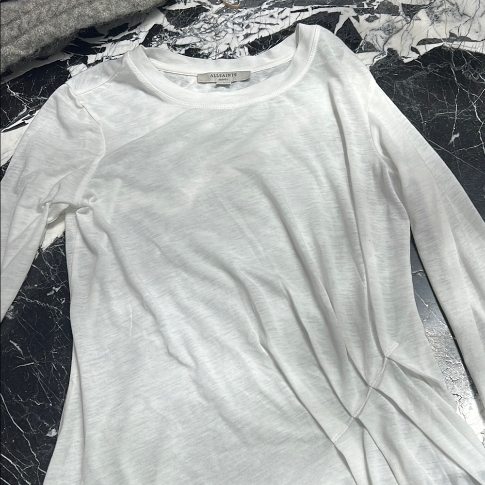 All Saints White Long Sleeve Tee with ruched side
